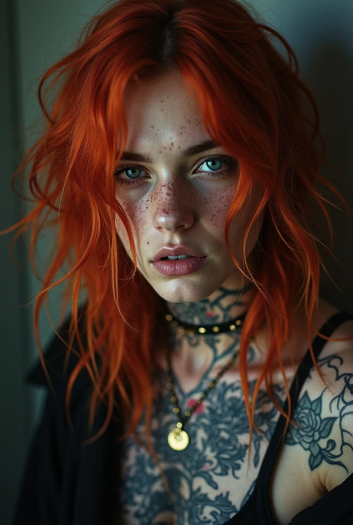 realistic portrait of a 25 year old woman, intense gaze, brown eyes, soft smile, freckles on her face, red hair, colorful tattoos, horror makeup, eyeliner, thin red lips, black skirt, silver accessories, jewelry silver, rain, storn