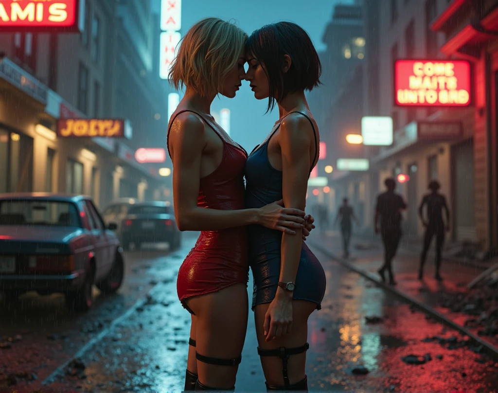 cyber cafe at night in the pouring rain table with spilled wine glass, Two Asian elf girls kissing, wearing lingerie, thong bikini, fishnet stockings, thigh high boots, tattoos