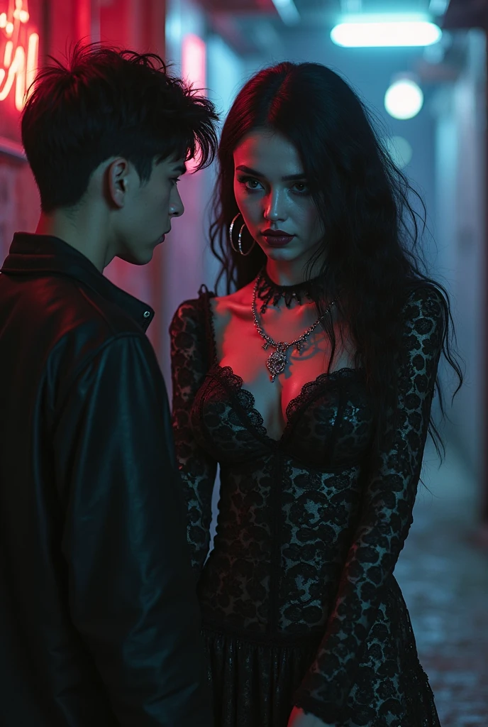 A girl with an extraordinary beauty face, black hair with waves and blue eyes with a red dress highlighted on the body in the forest with candles in the light a little far away about 5 cm from the tall guy with black hair down to his ears and a tattooed neck.