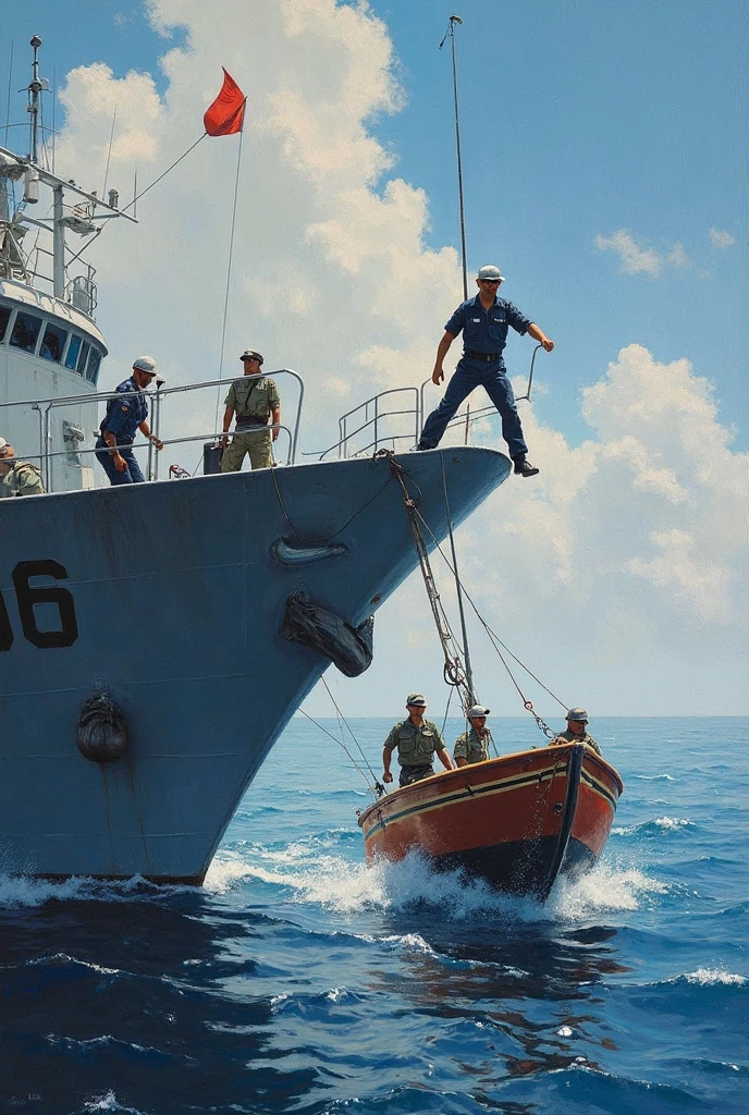 Tuna fishing boat, 9 people, 1 man, 1 woman, all facing forward, muscular, sideways illustration