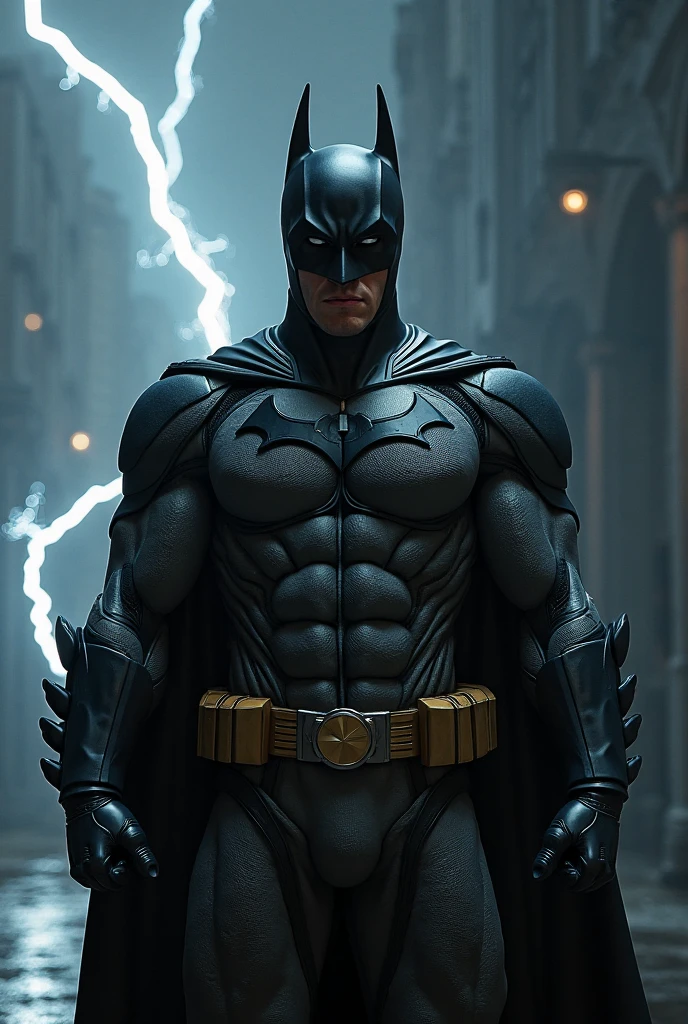 Batman standing a dark night with the fire blast behind him and green lightning in the sky.
A high realistic and chromatic scene.