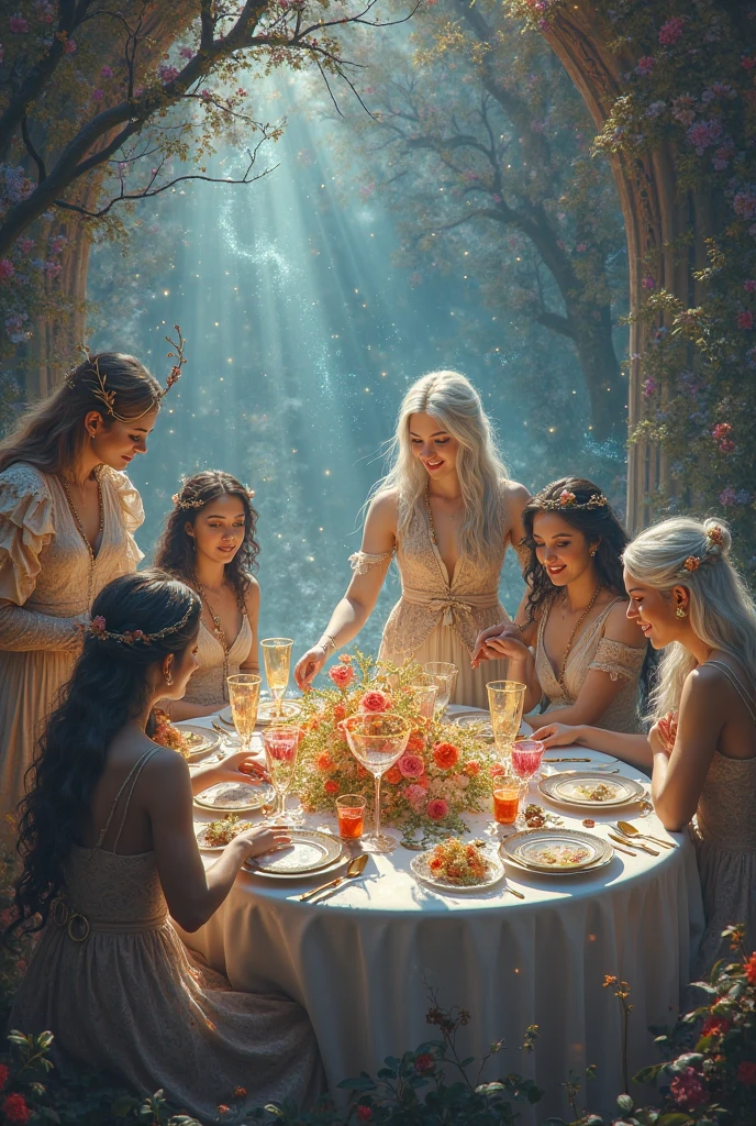 Create a fairytale illustration of a woman with long silver hair, she is with a few women, talking and laughing, sitting in a forest
