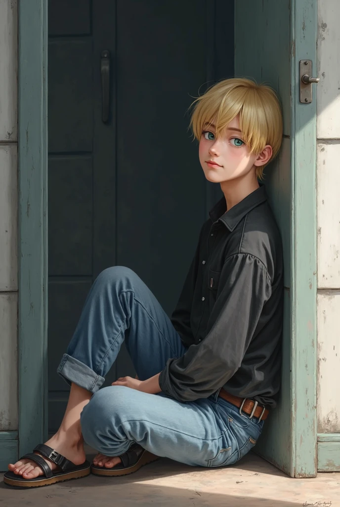 (One Boy),Top image quality,​masterpiece,15yo student,（a blond,hair_brack）,bobhair,straight haired,（Green eyes）sitting on,Beautiful Boys,Beautiful fece,fleeting,baby-face,Looking Up,Sitting on the lawn,