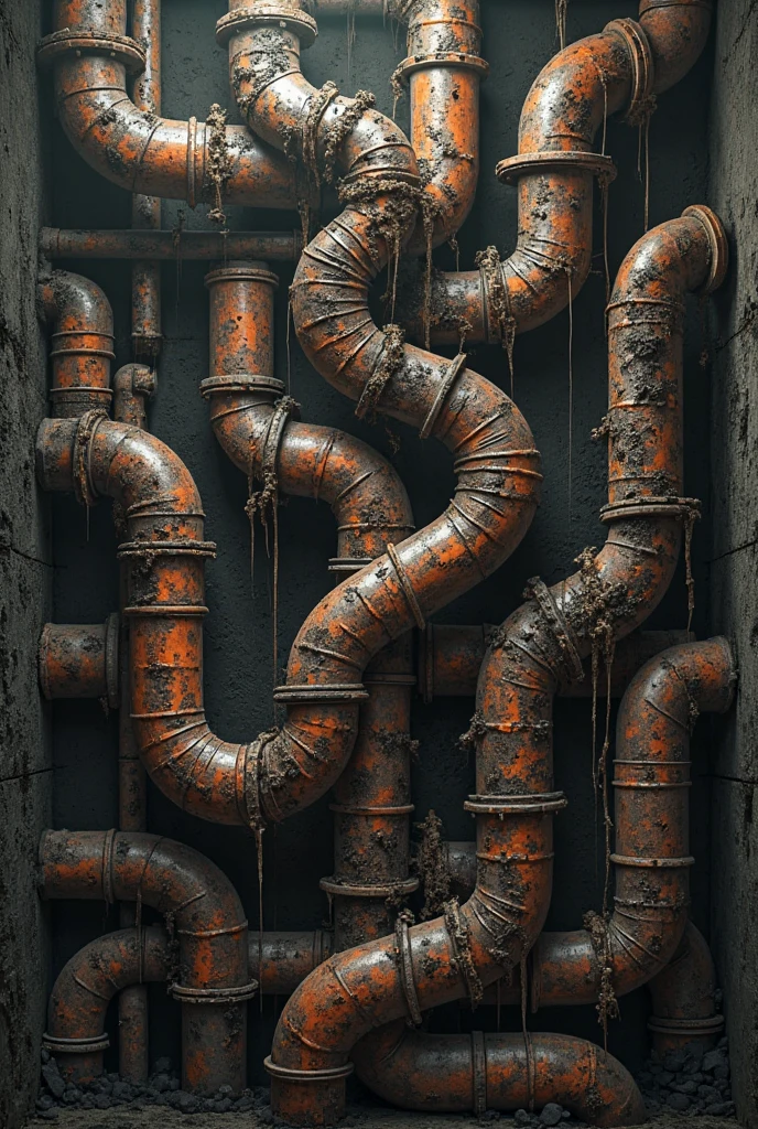 Rusted Pipes on a brick wall background, abstract background, cubist background, industrial, pipe layout, blueprint of layout, sketch lines,