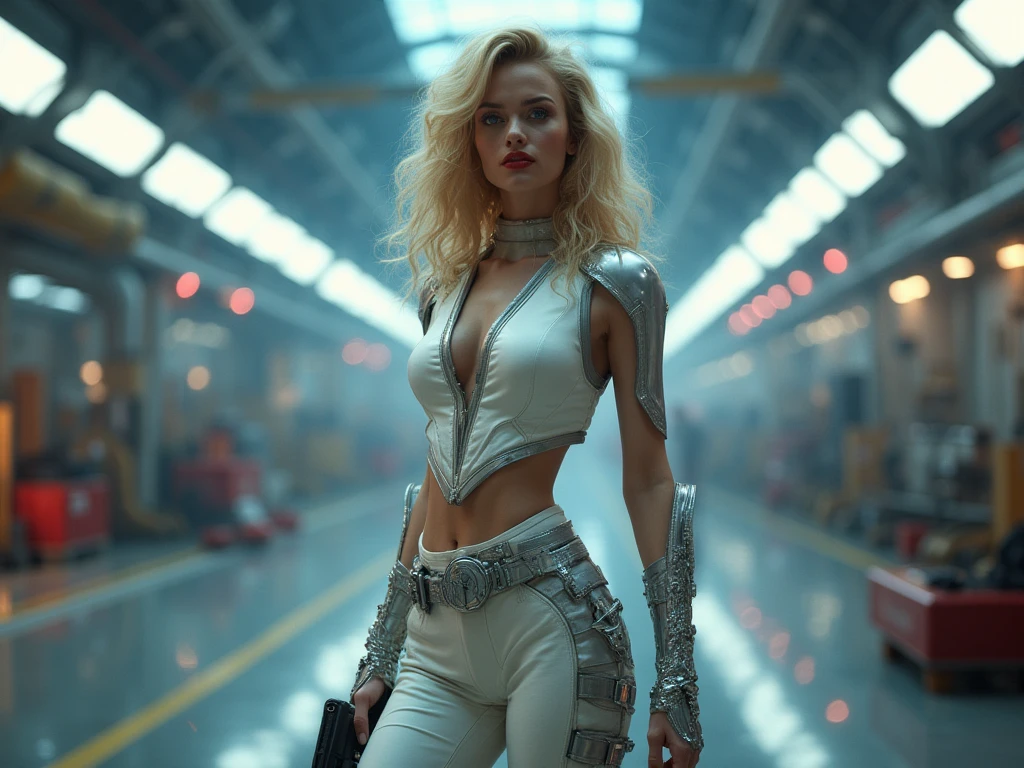 Amber Valletta , perfect body, beautiful short curly blonde hair, white cyber lingerie, White leather jacket, looking to the camera, realistic masterpiece of detailed muscles, active pose, action pose, Led light |, gold pieces, Stripe, short hair, back view, Back,The night under the neon rain, Interstellar space background, cyberpunk style 