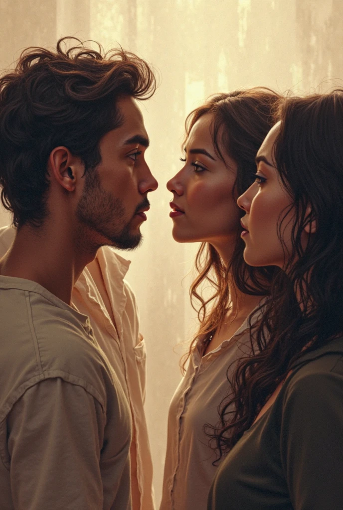 Une femme au centre, hésitante, entre deux hommes qui l'observent avec amour. Lumière douce, soirée romantique, ambiance indécise. Style réaliste