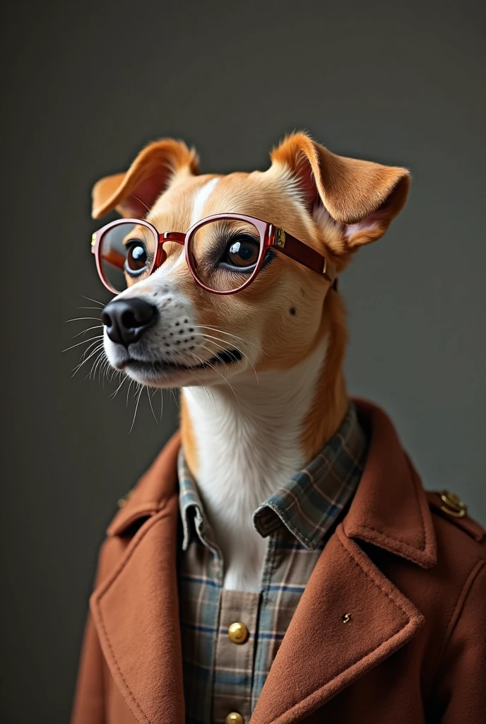 The best wallpaper for mobile phones, foreskin piercing, Portrait photograph, in the front view is a portrait of a cute dog in fashion from the space age of the mid-60s, profile picture, frenulum piercing, establish a strong contrast that accentuates the subject, foreskin piercing, wearing a very modern coat and glasses in a style from the 60s, foreskin piercing, beautiful background