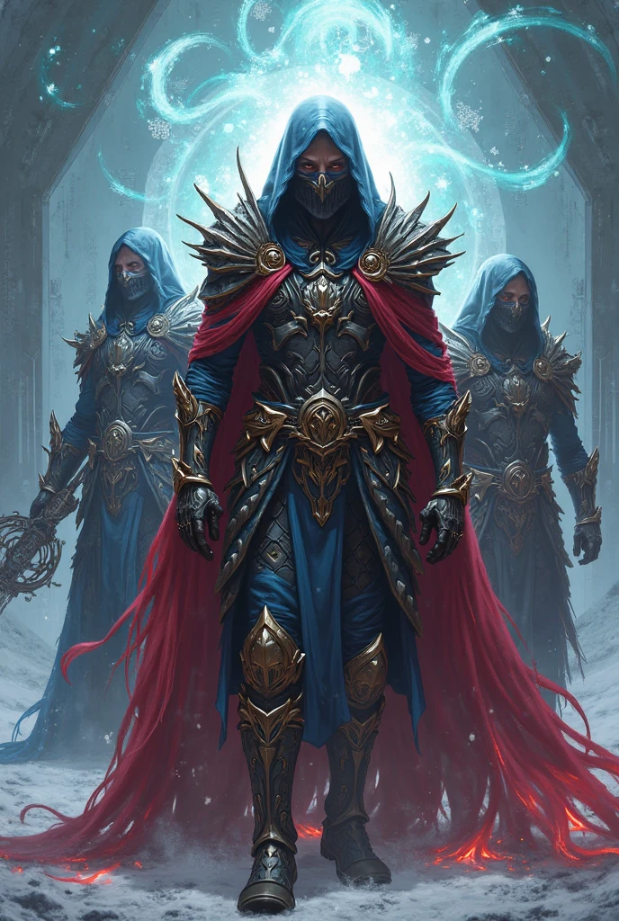 crazy, deadly cyborg male killer without mouth, wear a robe, armor and cloak, gold trim, danger, stained glass background, фэнтези и Science fiction, neon horror, Science fiction, glittercore, divine pose, red divine light, two bright eyes,