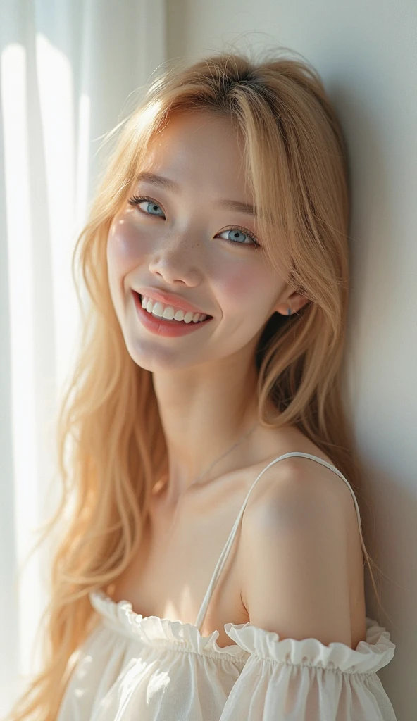 ((top-quality、8K、masterpiece:1.3))、1girl in、Slim Abs Beauty:1.3、(Hairstyle Casual、huge tit:1.2)、doress:1.1、Super fine face、Delicat eyes、二重まぶた、a smile、home、a blond