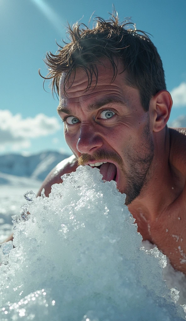 Beautiful muscle god blue eyes beard long curly hair in the ice