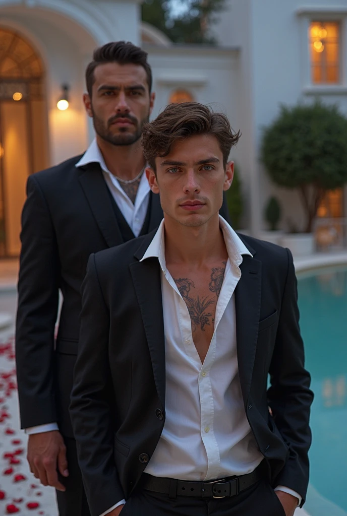 Fashion editorial with fit male models with silk shirts and white short shorts in cream beige and snake print and camel sandals and kissing and hugging in the background on a white wall and blue sky