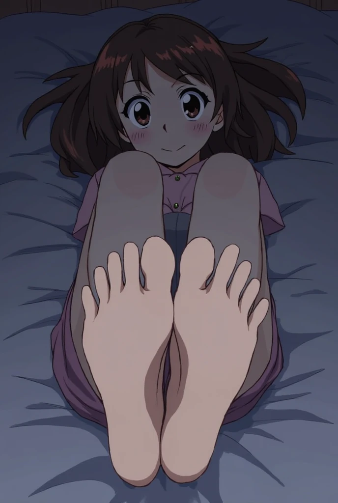 naked girl, bare feet, feet up, long soles, long toes, embarrassed, nsfw