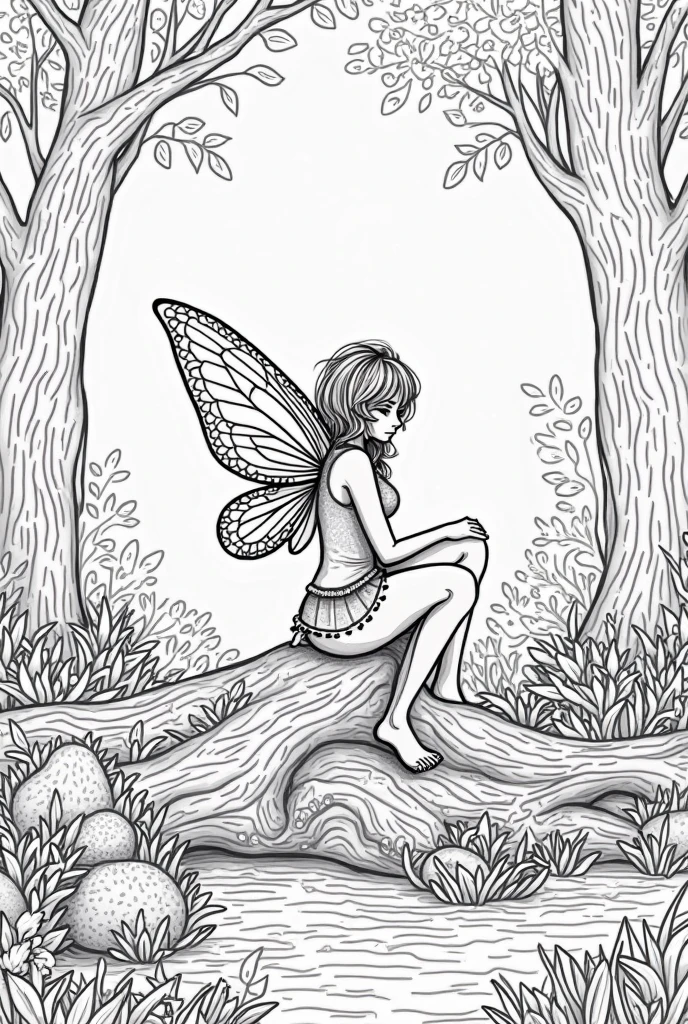 A magical fairy under a tree of blooming flower, clean line art, white background, colouring page, clean outline