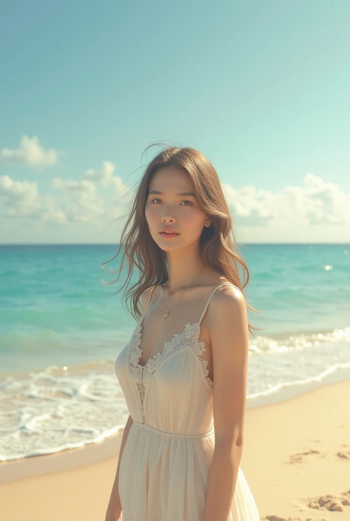 (masterpiece, 8k, best quality, RAW photo, photo realistic, ultra detailed), (insanely detailed and intricate:1.2), (beautiful Japanese girl), slender, 20yo, kawaii, cute, detailed face, detailed eyes, brown eyes, (thin eyebrow), detailed skin, (light brown hair), (wavy hair), (medium hair), blush, (small breasts), cleavage, (white cropped brause:1.4), (flare skirt), earrings, (necklace), bracelet, (looking at viewer:1.4), (close-up face:1.1), (seductive pose:1.2), (standing:1.2), (leaning forward), (wistful smile), (straw hat), BREAK (overlooking turquoise sea), (sunlight), (beach), (cowboy shot)