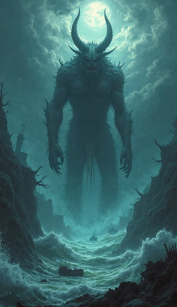 "Create a scene that symbolizes chaos, showing storms and raging waves with a monstrous shadow in the water