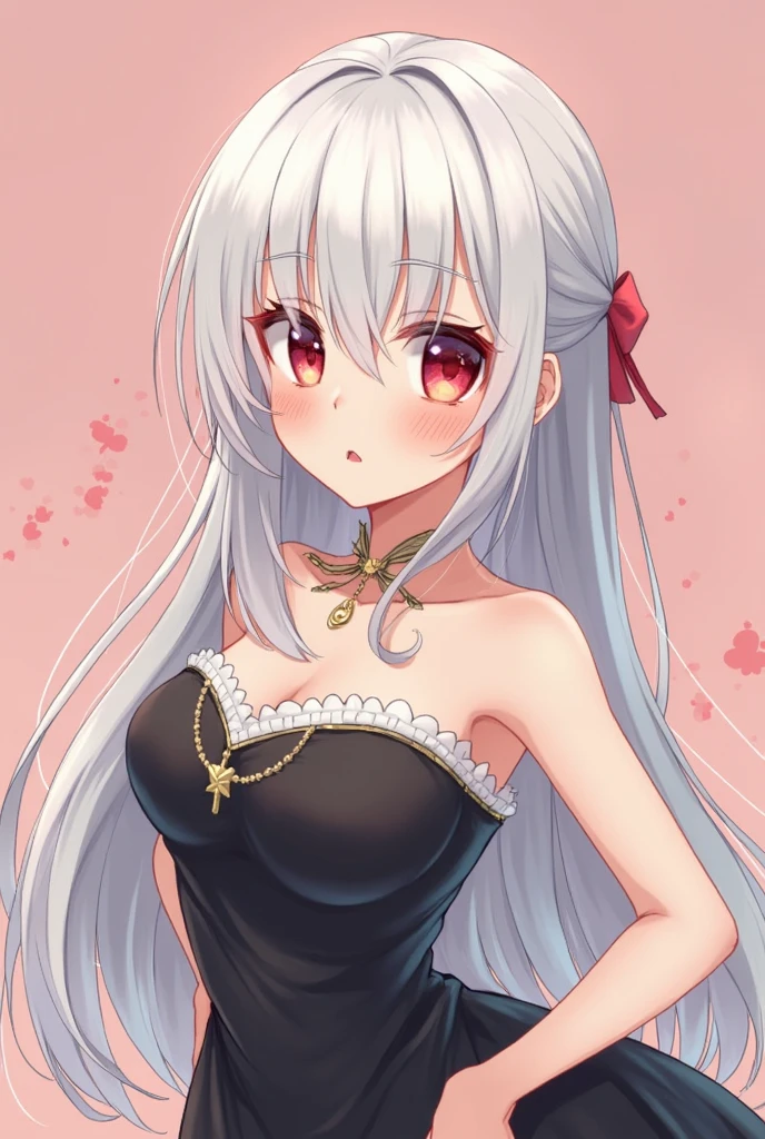 1 girl who is easy to get along with, kawaii, long straight hair, Shine red hair, black hair, white hair, multicolored hair, green eyes, (Flat Chest:2.0),simple red background, Strapless dress, showing off your collarbone, upper body portrait,