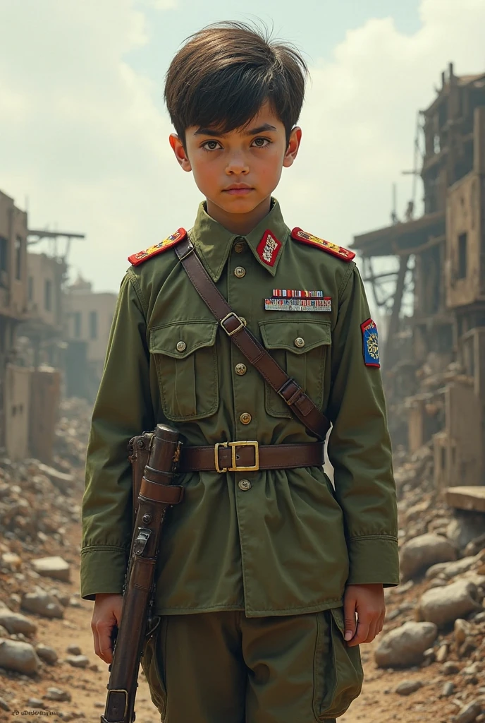 a pakistani boy, detailed face, intense eyes,, full body shot, military uniform, middle eastern setting, dramatic lighting, cinematic composition, gritty realism, muted color palette, (best quality,4k,8k,highres,masterpiece:1.2),ultra-detailed,(realistic,photorealistic,photo-realistic:1.37)
