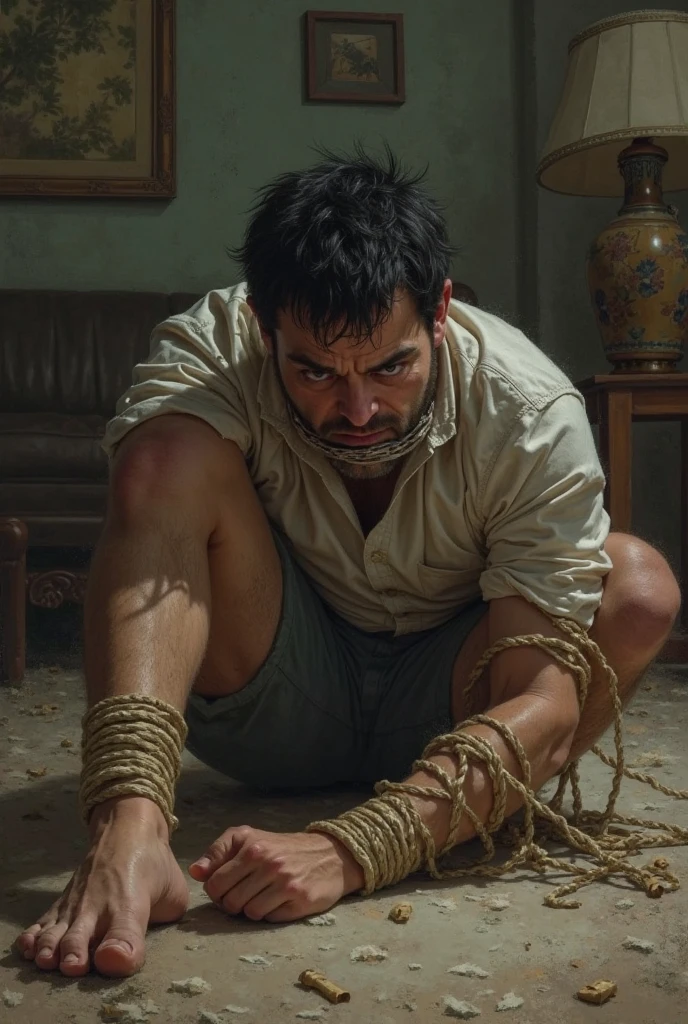 A handsome orc is tied to the bed,Shoes taken off,Revealing two big bare feet,Both feet are locked in the foot,Feet raised,Keep your feet elevated,The soles of your feet should face the screen,Soles facing forward,Five toes tied with rope in foot,His hands were tied tightly to the bed.,Raise both hands above your head,Exposing the arm socket,His upper body was stripped,Wearing only a pair of trousers,Being tickled by a man in a cap,His armpits were constantly tickled by feathers.,The soles of his feet were being scratched by two brushes.,The toes are also tickled by the feathers growing from the toes.。The abdomen is scratched with a brush,And he laughed(Have an expression of laughing like being tickled,Keep your feet elevated,Raise both hands above your head,Both hands were tied to the bed,Exposing the arm socket,The soles of your feet should face the screen)