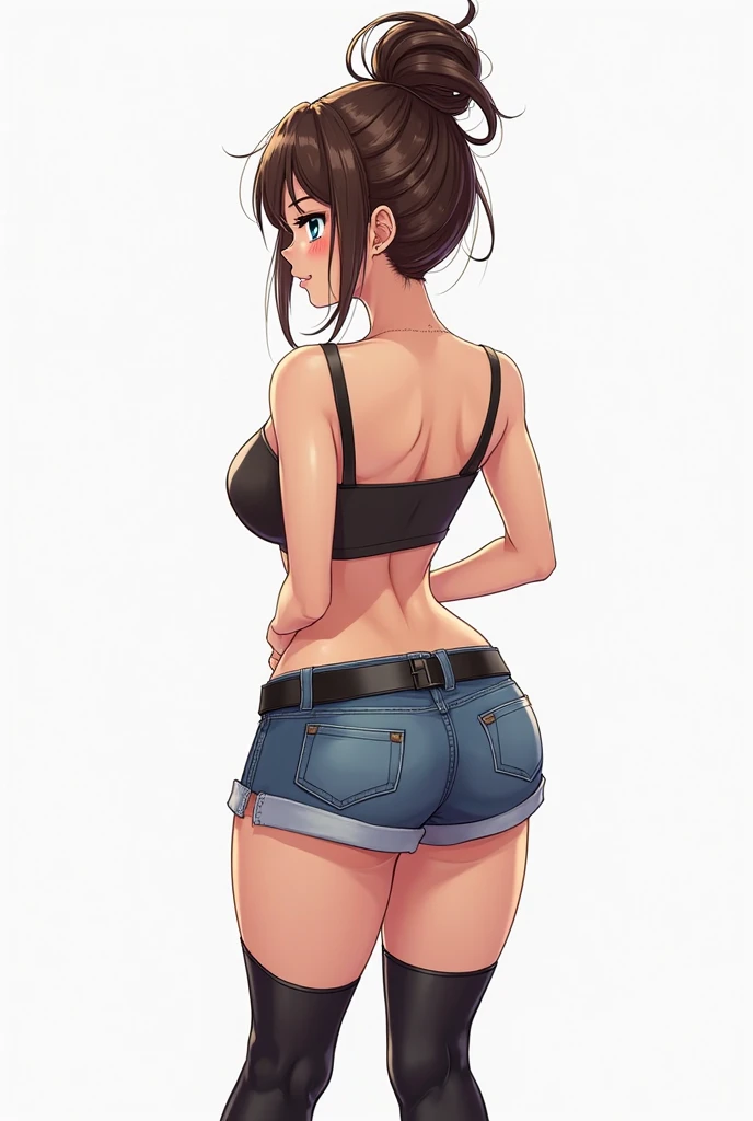 beautiful, (masterpiece:1.2), (best quality:1.2), perfect eyes, perfect face, perfect lighting, 1girl, ass, back, backboob, baseball cap, black panties, breasts, brown hair, crop top, cutoffs, denim, denim shorts, facing away, from behind, hat, highleg, highleg panties, long hair, median furrow, large breasts, micro shorts, panties, ponytail, short shorts, shorts, sideboob, simple background, solo, tank top, thighs, thong, underboob, underwear, field, grass, walkway, huge ass, wide hips, arms at side