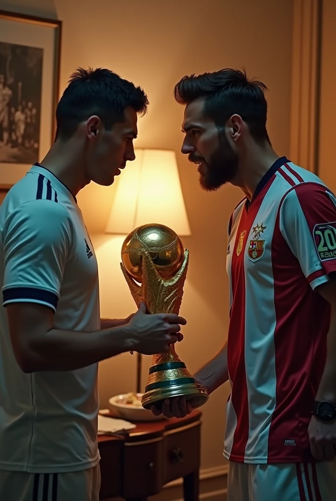 Man in suit completely bald, kissing messi next to the world cup, behind them referees with more us up next to Argentine players 