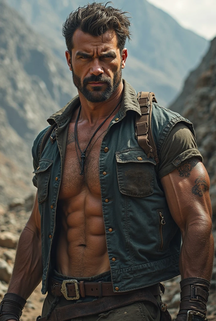 Qualidade de imagem ultra-alta, realistic and strong male characteristics, Um homem inspired by Henry Cavill as Wolverine, Um homem (sfw)Inspirado na linha John Buscema,1 velho cowboy do oeste, viril, viril, barba por fazer, lost no deserto while the vultures watch him, your eyes show tiredness, dramatic scene, Detailed scene with excellent lighting(sfw), extremely hot and sexy perfect abdomen, full body view (vista frontal), luz difusa, location: no deserto, dramatic scene, Detailed scene with excellent lighting, foto colorida, (candid human pele), pele
