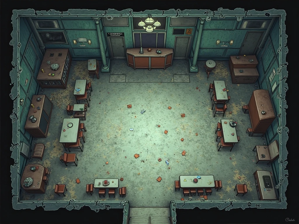 vampire the masquerade, map rpg, (interior of a commercial building), game art, birdseye straight top-down shot from a drone, battlemap, current modern theme, seen from above, role-playing game, empty location, nighttime environment, (with realistic proportions and textures, intricate details, handdrawn, vibrant, cinematic lighting, masterpiece, 8k:1.2)