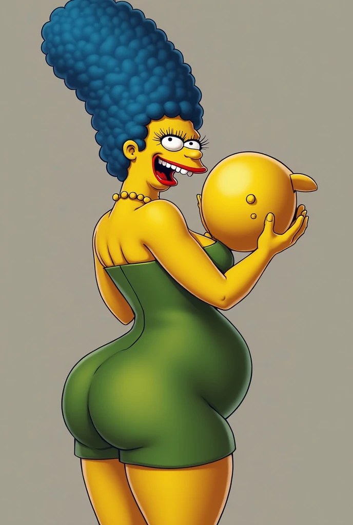 masterpiece, best quality, 1girl, solo, looking at viewer, breasts, margesimpson, yellow skin, afro, big hair, necklace, pearl necklace, strapless dress,mini dress, green dress, high heels.