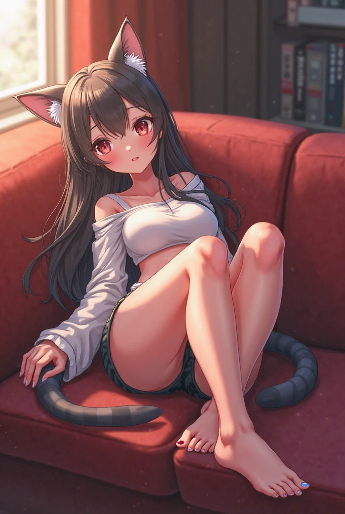 Sexy Posing, standing apart, Female, 30 years old, cute, eyeliner, long hair, biting lip smile, tube top, jean shorts, bedroom eyes, catgirl, cat ears, living room background, 8k, hi res, (best quality, masterpiece), green eyes, long cat tail , lying on couch, evil smirk,