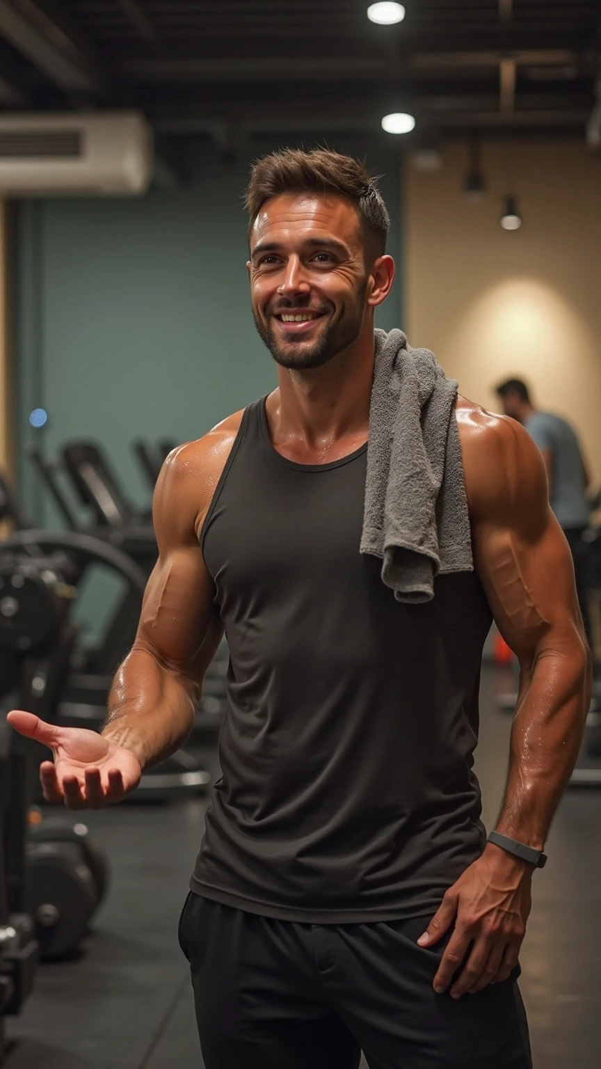 A blond man with his hair parted in the middle without a shirt where the photo only shows the torso up, the man is all sweaty, with an excited face entering a room with a towel over his shoulder and a bottle of water in the other hand