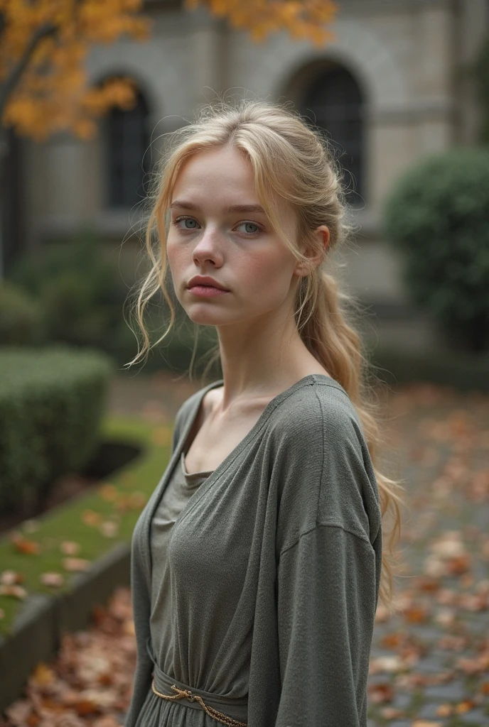blond woman with long hair wearing green sweater and white collared shirt, a hyperrealistic , hyperrealistic , portrait of high school girl, similar to malfoy, teenage female , frown fashion model, hugh kretschmer, inspired by Martin Schoeller, erwin olaf, realistic , robin eley, eva elfie,looking down,look at the viewer,from below