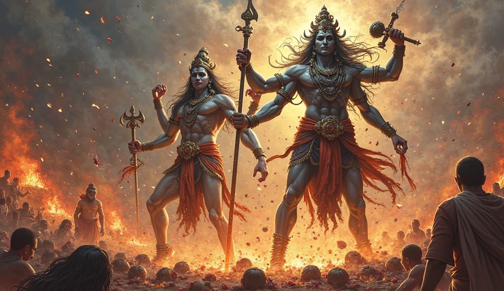 (Lord Shiva with trident weapon and his Warrior Son with mace weapon battling demons) ,amidst ancient mythical war backdrop, 8k octane beautifully detailed render, post-processing, extremely hyperdetailed, intricate, epic composition, grim yet sparkling atmosphere, cinematic lighting + masterpiece, trending on artstation, very detailed, vibrant colors,hindu mythology, Antartic mountains, show cap mountains.