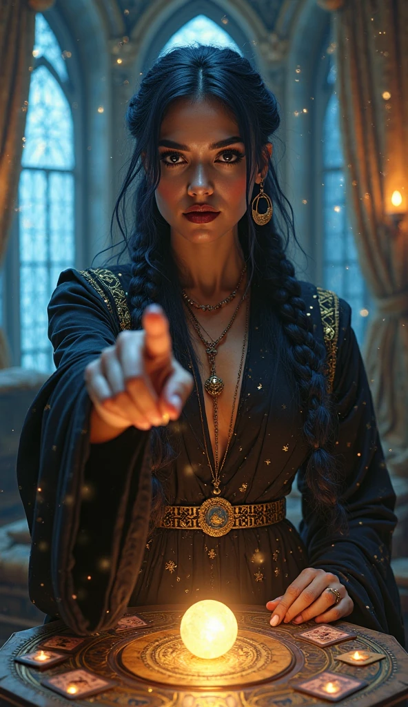 a medium color portrait illustration of an attractive female wizard with a ponytail wearing long loose flowing blue intricately embroidered wizard robes smiling, masterpiece, best quality, highly detailed (dungeon background), mage_glam, necklace, pouches, belts, (large glowing runed circles), fire and ice, casting a spell, highly detailed face, ultra high resolution, in the style of adrian ghenie, esao andrwes, jenny saville, endward hopper, surrealism, dark art by james jean, takato yamamoto, inkpunk minimalism, Best quality details, realistic, High definition, High quality texture, epic lighting, Cinematic film still, 8k, soft lighting