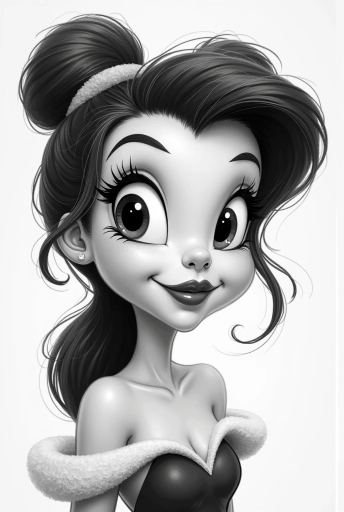 brunette woman with defined curly hair and white streak, black gown, Brown eyes, reddened mouth, dark eyes, big and wide face, Disney pixel animation style wide nose