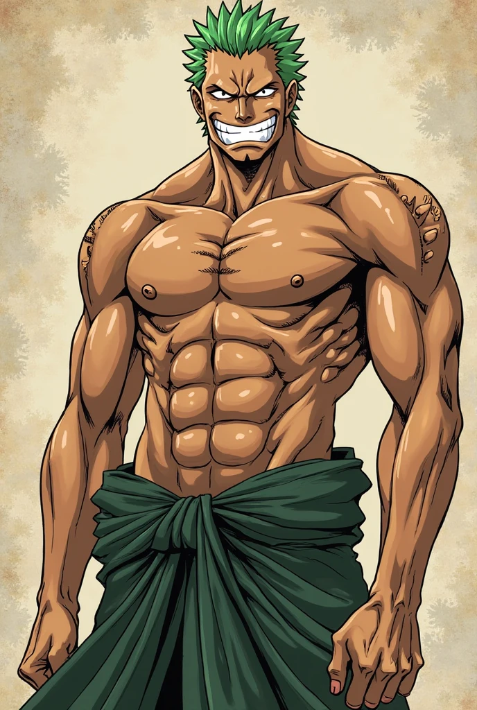 Roronoa Zoro, serious, Shirtless and with a very sexy pose and maintaining his anime appearance