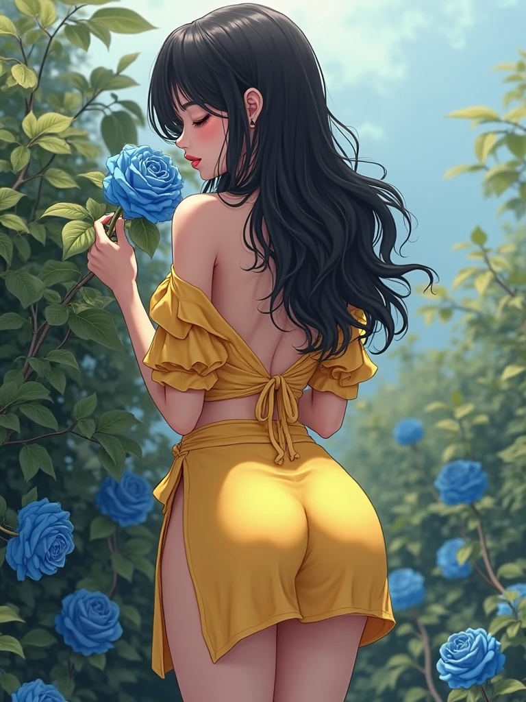 A scantily clad naked male gardener in an apron and straw hat, seen from behind in a half-turn pose, bare buttocks visible, in an anime art style, detailed face, intricate background, highly detailed, 8k, photorealistic, cinematic lighting, vibrant colors