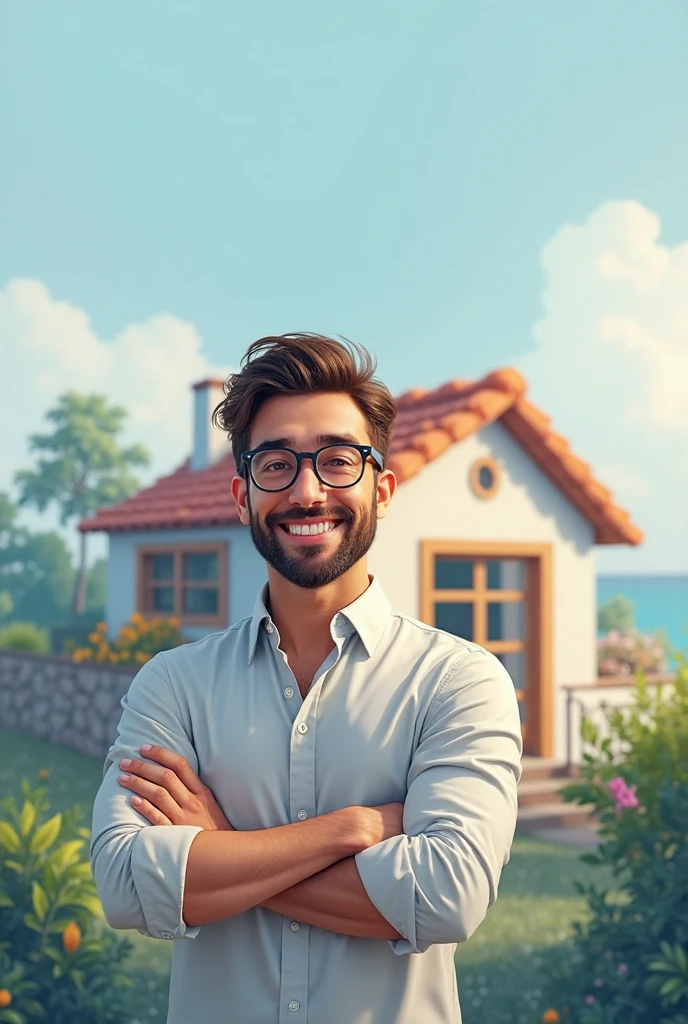A happy couple, selfie, half body, with a single-storey house in the background, house with large garden --auto --s2
