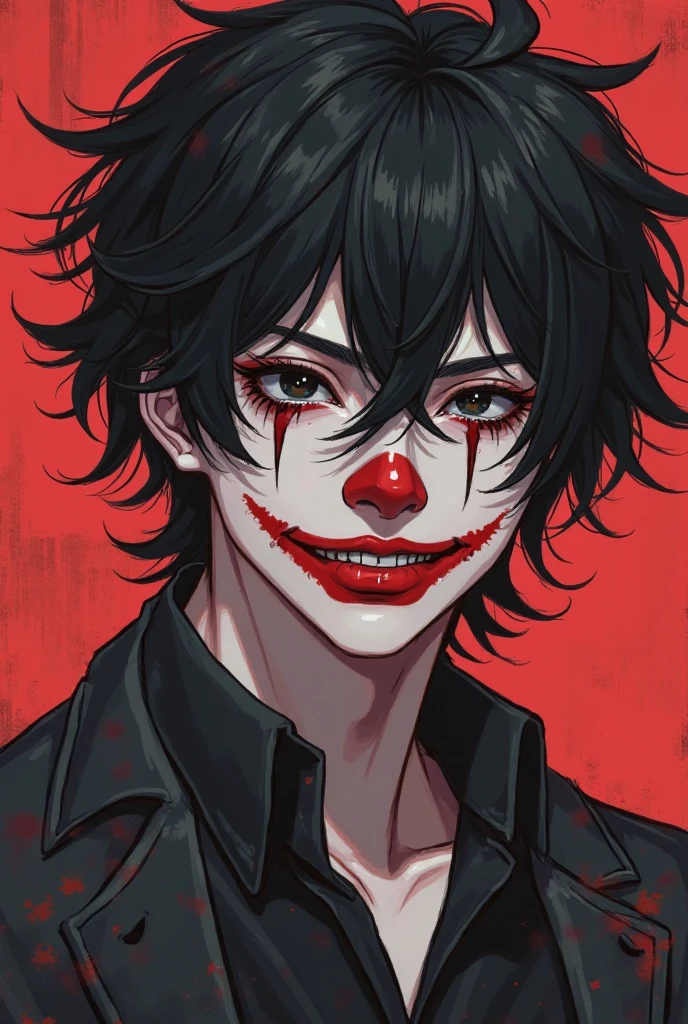 Boy man side turned looking forward, red scarf, Black t-shirt with white sleeves, black hat black hair ponytail, loose black hair little, smiling madly smoking a cigarette, violet hunter-shaped eyes.