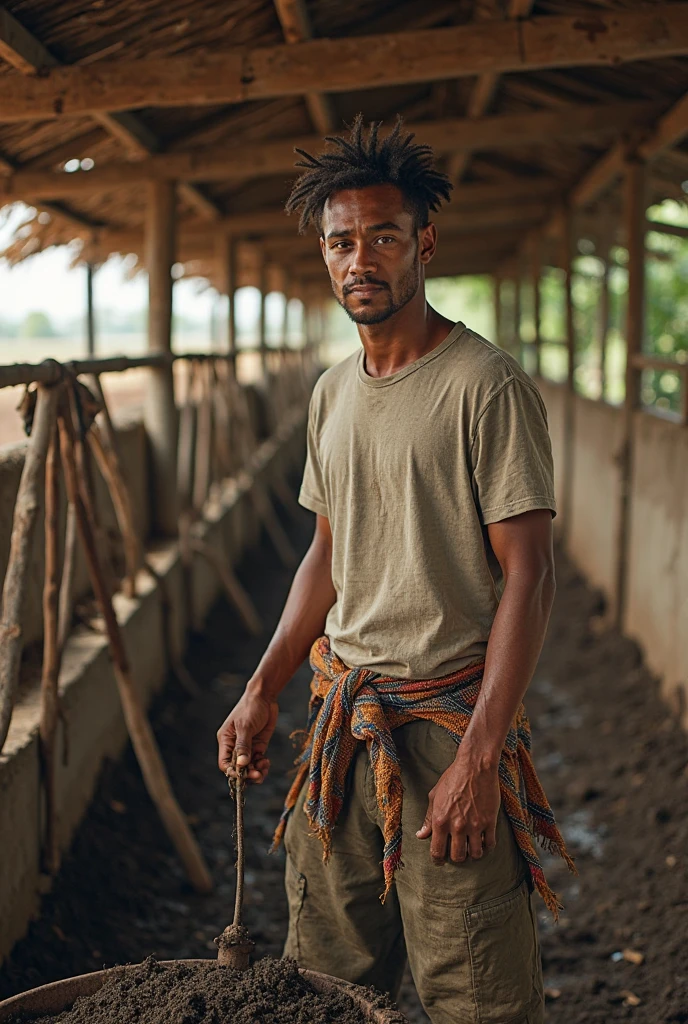 Happy haitian man with a fat nose in a clay hut