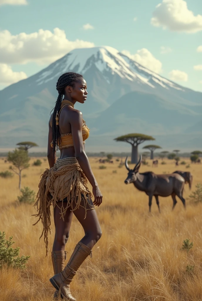 femme africaine ,les cheveux court le regard vers nous ,au sommet d'une montagne 