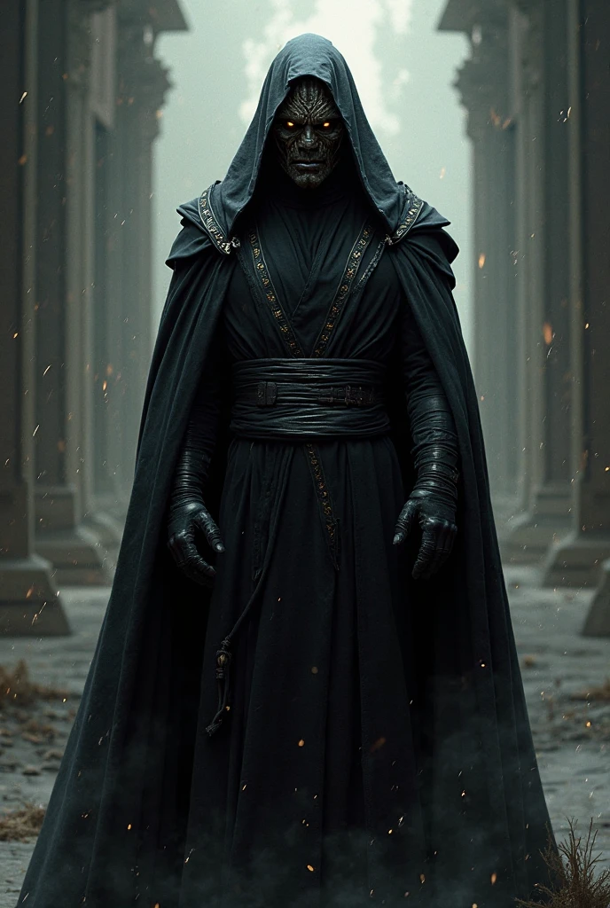 masterpiece, best quality, A humanoid simian (monkey) biped cloaked in sith robes his warm grey face peeking from under the black hood with a devilish smile, sith outfit