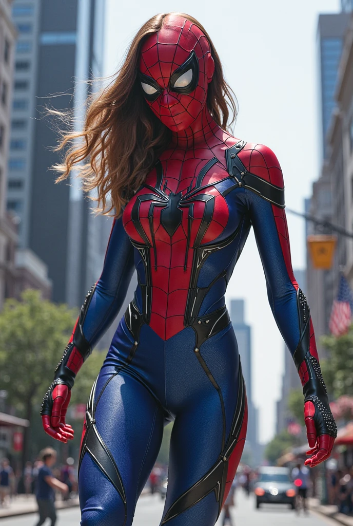 Zendaya as Spider-Girl, standing on top of a New York building, flat boots 