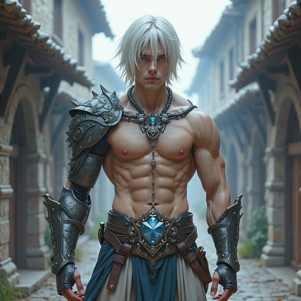 score_9, score_8_up, score_8, (((Single character image.))) (((1boy))) (((Dressed in medieval fantasy attire.))) (((This male character is sexy and virile.))) Generate a sinister male character for a dark fantasy setting. (((Powerful, muscular body. Shirtless. Great abs. Great muscles. Bodybuilder physique.))) Dressed in medieval fantasy attire for a dark fantasy setting. Dressed in dark medieval fantasy attire. This individual is a criminal and a thug and a member of the town's dangerous criminal underworld. (((Dark background at night.))) (((White hair in a ponytail.))) He is attractive and darkly handsome but has a nature to him that seems to be towards crime and the sinister activities that go on. top quality, best quality, official art, beautiful and aesthetic:1.2), extreme detailed, colorful, highest detailed, best quality:1.0,hyperealistic:1.0,photorealistic:1.0,madly detailed CG unity 8k wallpaper:1.0,masterpiece:1.3,madly detailed photo:1.2, hyper-realistic lifelike texture:1.4, picture-perfect:1.0,8k, HQ,best quality:1.0,