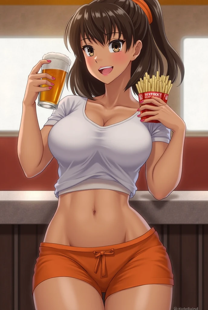 ((highres)), Masterpiece, high quality, best quality, beautiful, perfect lighting, detailed face, ultra cute face, ((1girl)), ((solo)), (blush), short brown hair, green eyes, jeans, white crop top, fast food restaurant, cleavage, medium breasts, ((wide hips)), (thick thighs), hand on hip, holding drink