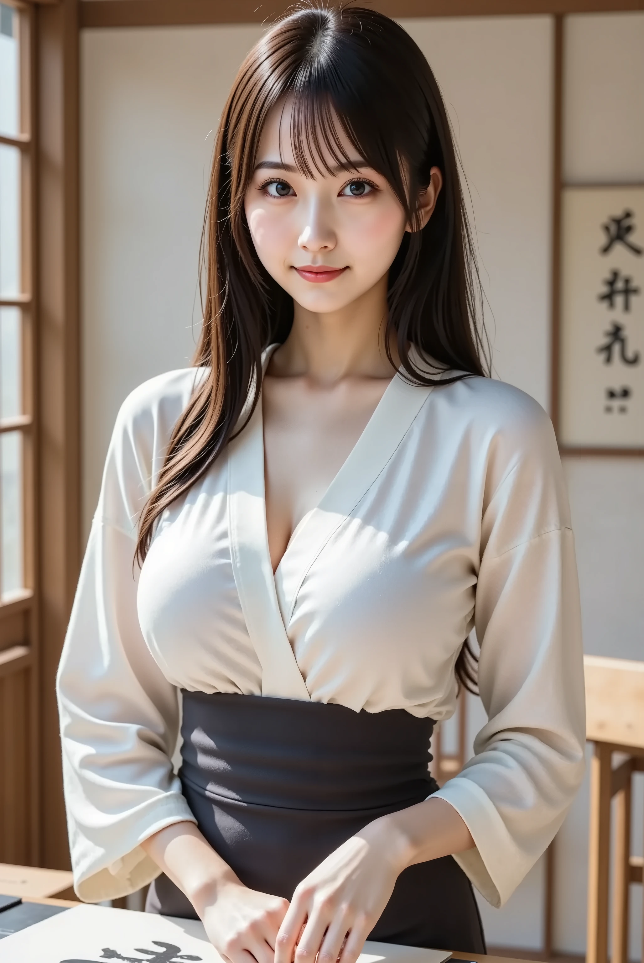 chihiro,professional photography, masterpiece, high resolution, an upper body portrait of a 20-year-old poised Japanese woman with a deeply satisfied and serene smail, after completing a piece of calligraphy (shodo). She has delicate Japanese facial features, a soft angular jawline, high cheekbones, a small refined nose, and large, calm and focused eyes. Her skin is porcelain-smooth, with a tiny, endearing smudge of black ink on her cheek. Her long, straight black hair is neatly tied back. She wears a simple V-neck blouse under a dark-colored apron, paired with a tight mini skirt. The blouse's neckline reveals her voluptuous, ample bust and a clear, deep cleavage. She is standing beside a low table, looking down at a large sheet of white paper on which she has just brushed a powerful kanji character. A calligraphy brush rests on an inkstone nearby, and the distinct smell of sumi ink fills the air. The background is a simple, traditional Japanese room with tatami mats and a shoji screen. The composition is a professional portrait, aspect ratio 2:3, capturing a moment of artistic fulfillment. Shot on a Canon EOS R5 with an 85mm lens at f/3.2, ISO 400, and 1/125s shutter speed. The lighting is soft, natural light coming from the side, creating gentle shadows and highlighting the texture of the paper and the wetness of the fresh ink. The color palette is minimalist and monochrome. The level of detail is hyperrealistic, capturing the texture of the rice paper, the individual fibers of the brush, the glossy, wet ink of the character, and her look of quiet pride. The mood is calm, disciplined, and artistic.