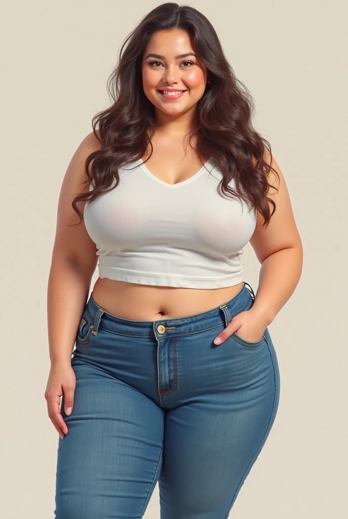 Girl, curvy, huge boobs, huge thighs, white shirt, small denim shorts, oiled body, smiling