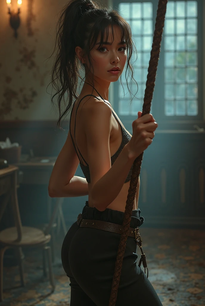 Girl in bondage, all body tied up firmly, gaged , nude , arms behind back, vibro Magic wand on pussy