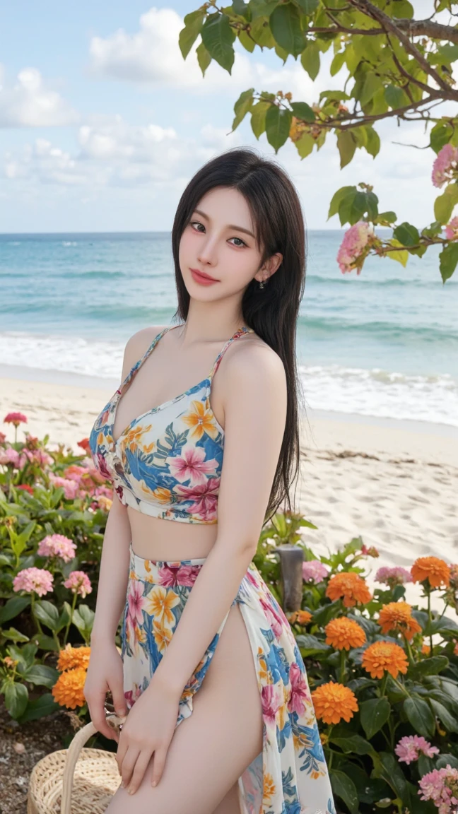 1girl, jewelry, solo, flower, breasts, red_hair, tattoo, long_hair, cleavage, necklace, hair_flower, bracelet, realistic, hair_ornament, skirt, beach, white_skirt, looking_at_viewer, earrings, medium_breasts, photo_background, outdoors, smile, sitting, long_skirt, sand, arm_tattoo, take off skirt