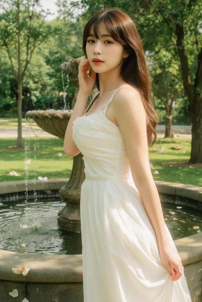 (8k, RAW photo, best quality, masterpiece:1.2), (realistic, photo-realistic:1.37), professional lighting, photon mapping, radiosity, Korean Doll, park, white summer dress