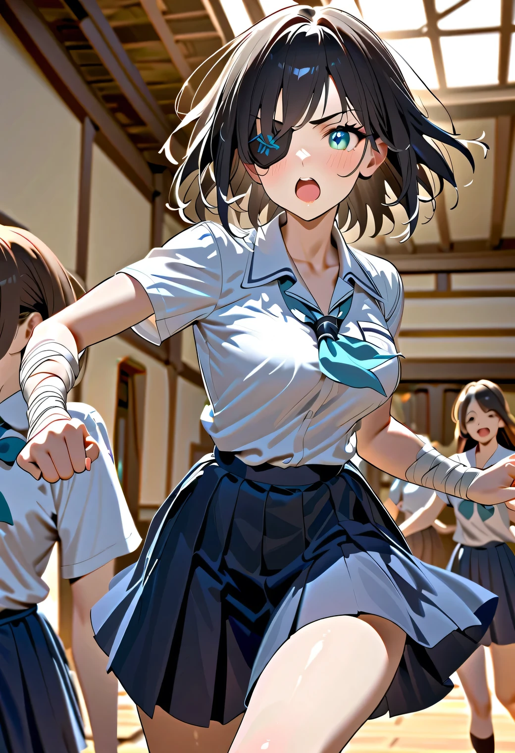 /(girl),(18 years old, mature and large body and sexual),(long green hair and green eyes),(height 1.67cm),(white skin color),(beautiful young woman),(12 year old childlike appearance),(super busty with super big breasts practically popping out of her clothes),(super big ass),(Wearing),+,(wearing The uniform consists of a short navy blue pleated skirt, with a golden border that adds a touch of elegance and shine. The skirt is accompanied by a short-sleeved blouse, also navy blue, decorated with white and gold stripes on the shoulders and sleeves. In the center of the blouse, the UA logo is highlighted in white, showing school pride. The cheerleaders wear white athletic shoes, which are comfortable and allow for agile movements. To complete the look, gold and blue pompoms are worn on the hands, synchronizing with the cheerleaders' lively movements and choreography, bringing an explosion of color and enthusiasm to the performances.)