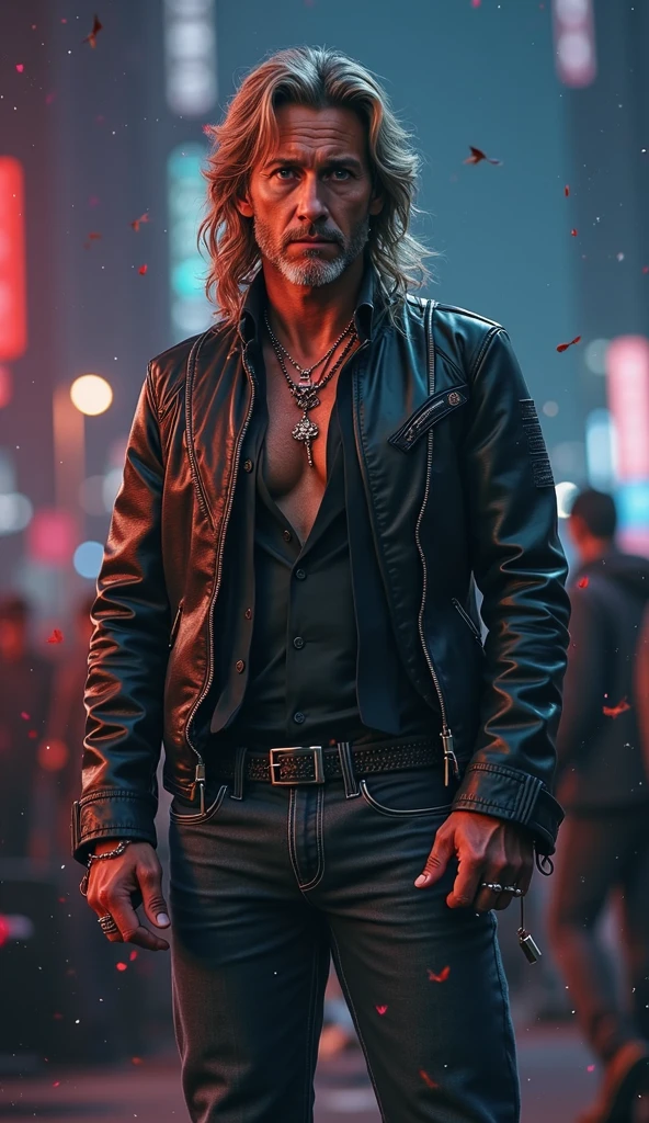 a painting of a (David McConaughey), background, style of cyberpunk 2077, band of gold round his breasts